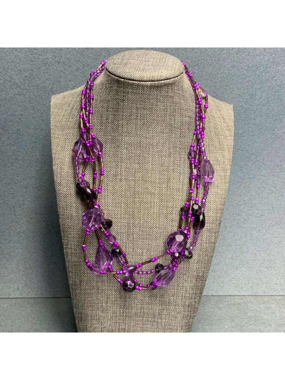 Multi Strand Beaded Necklace 18 In Purple Translucent Faceted Silver Retro Boho
